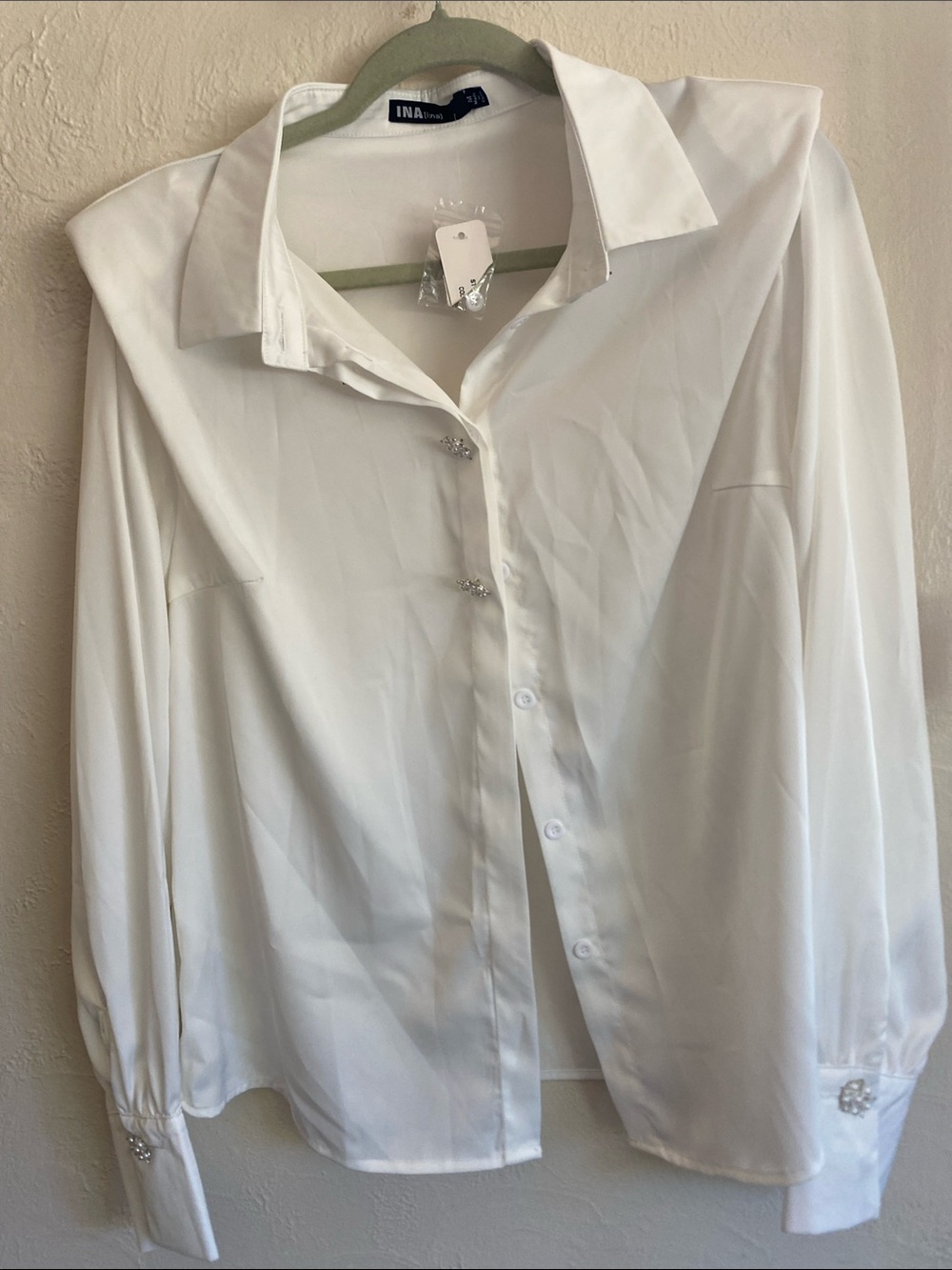 Ina White Satin-Effect Button Down Blouse